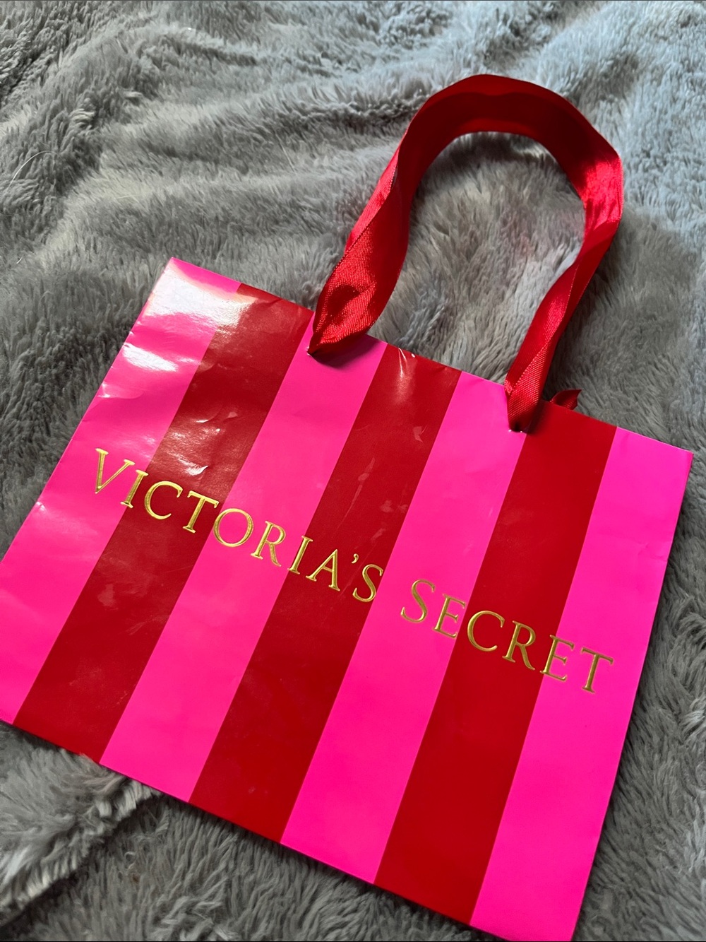 Victoria's Secret Red and Pink Striped gift bag with Gold Logo